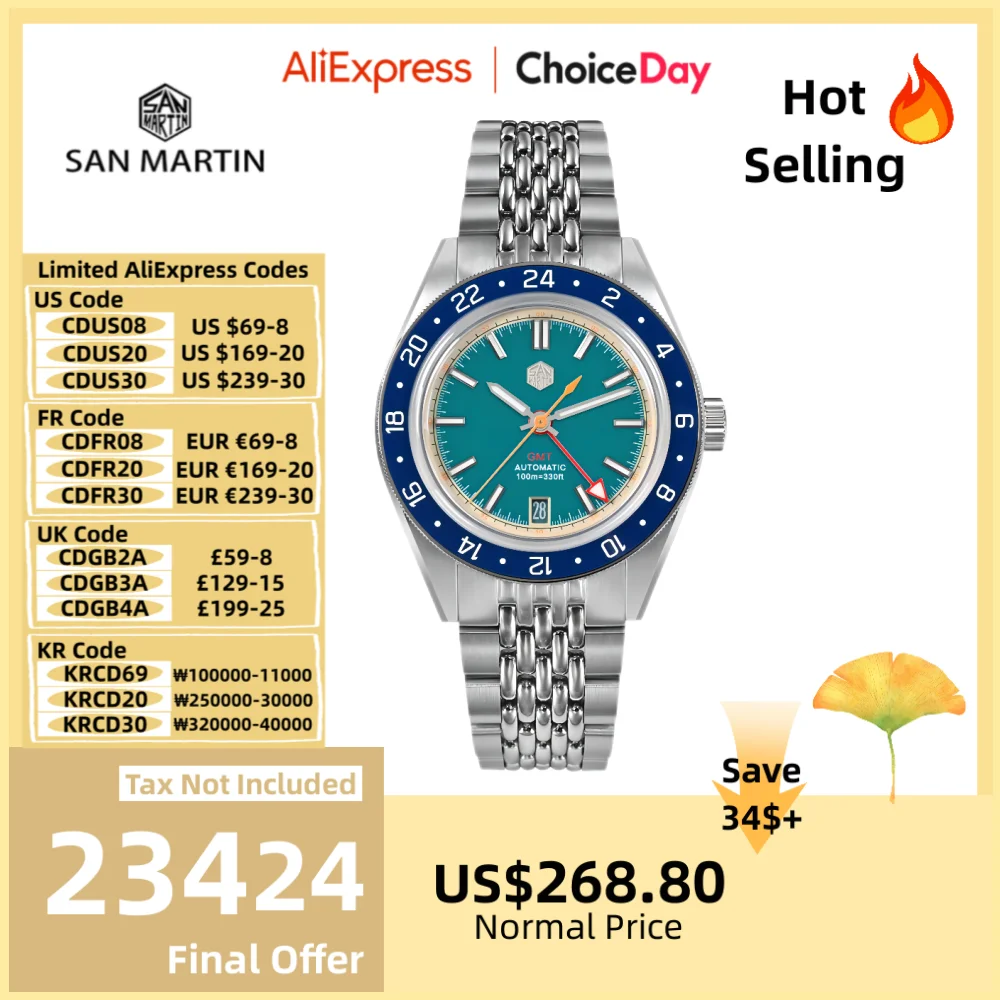 San Martin Original 39.5mm NH34 GMT Men Mechanical Wristwatch Fly Adjustable Clasp Sports Watch Waterproof 10Bar Relojes SN0116