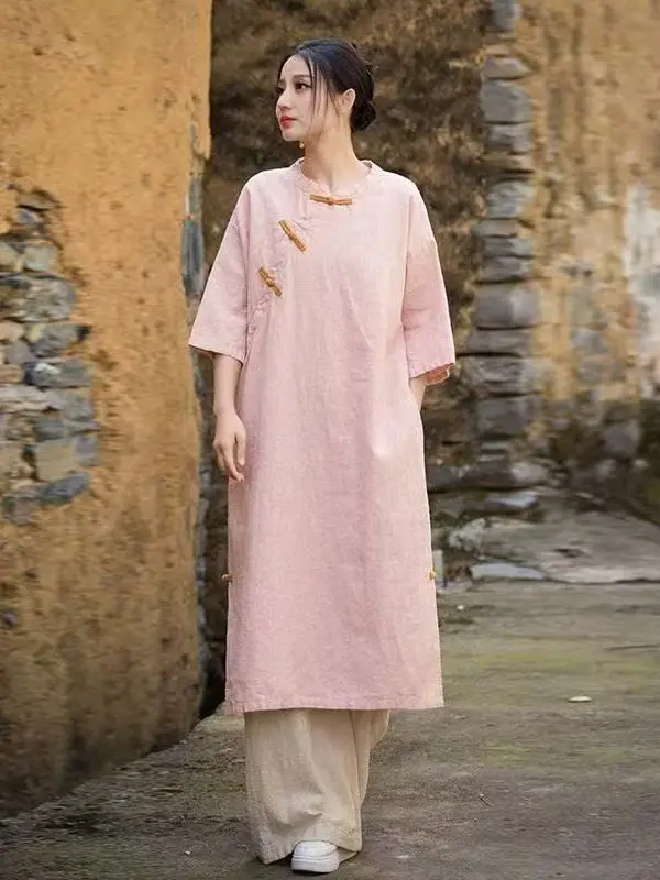 New 2026 Summer Cotton Linen Short Sleeve Dress Washed out Color Button Chinese Style Long Tea Service Robe Trendy Women's Cl...
