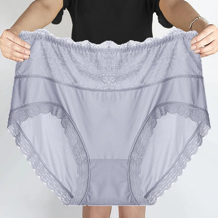 New  Ice Silk Super Large Size High Waist  Lace Hollow Out Flowers Sexy Briefs Women Underwears Plus Size 7XL Panties