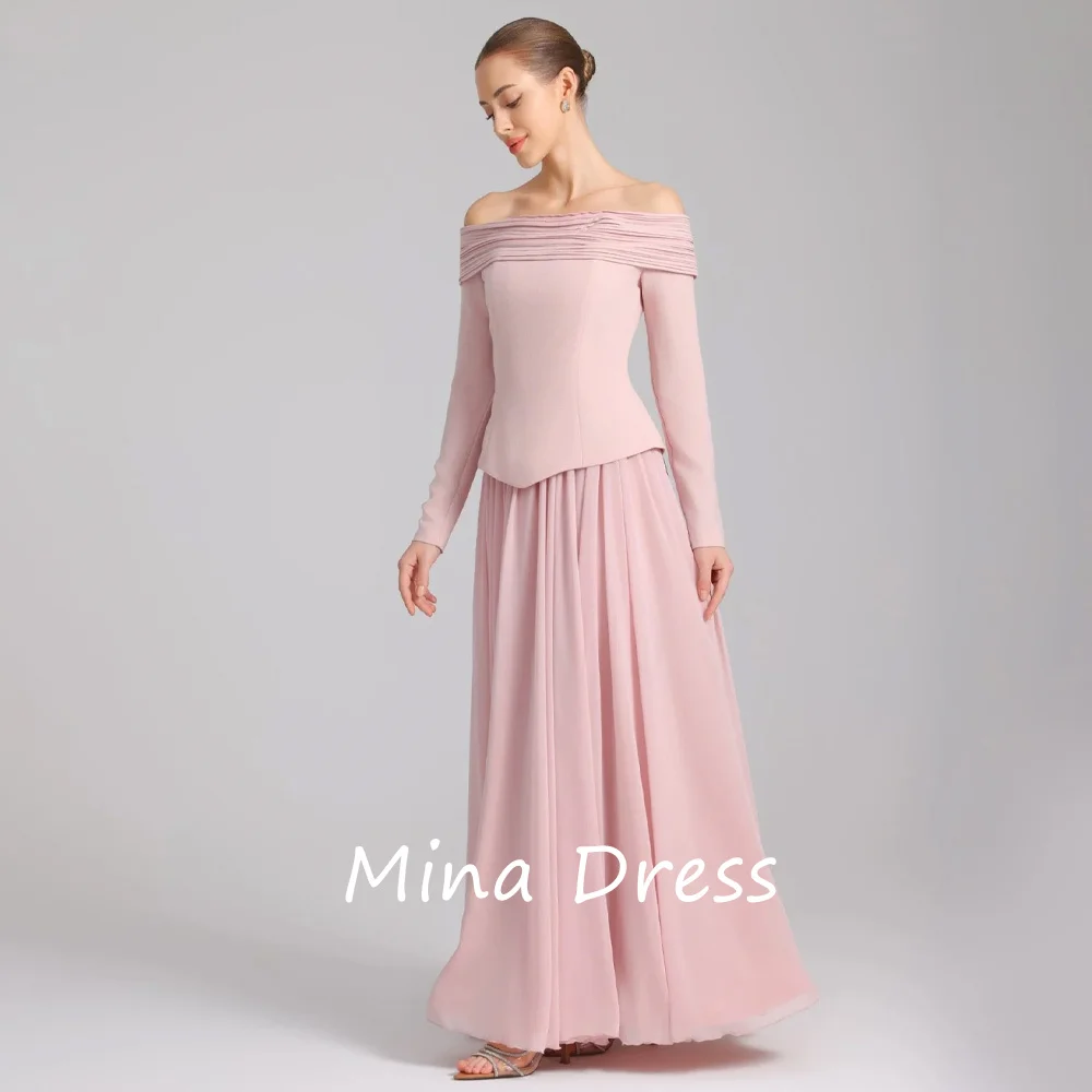 

Mina Customized Custom made long pink evening gown A-line chiffon off-shoulder pleated ball gown