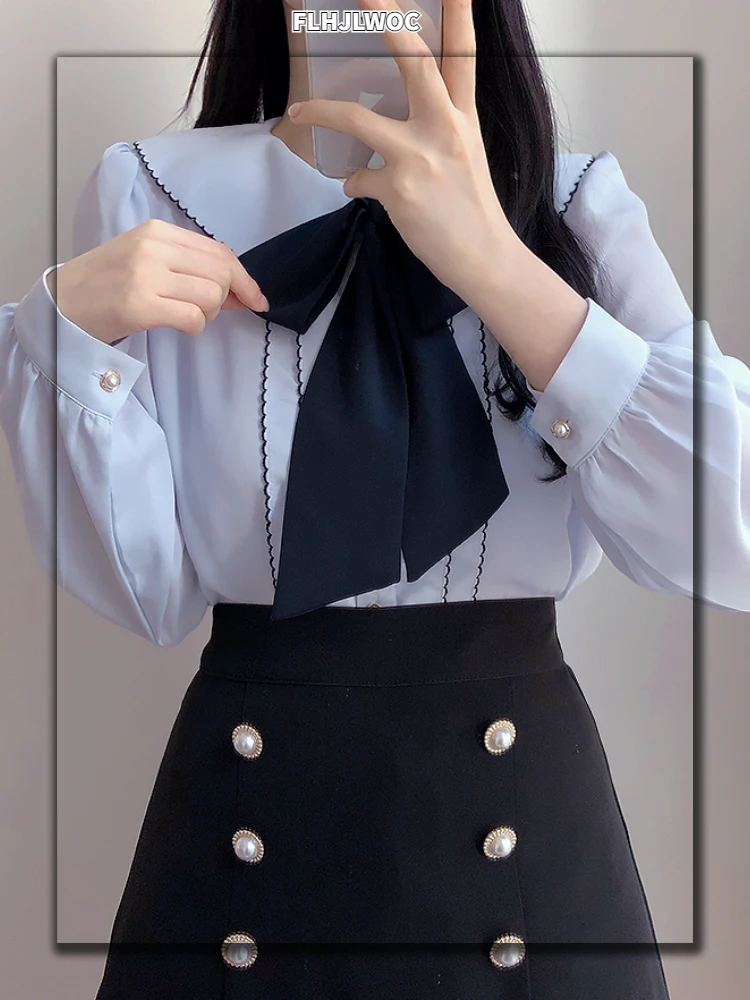 Women\' Cute Bow Tie Ribbon Tops Preppy Style Vintage Japan Korea Design Button Elegant Formal White Purple Shirts Blouses 9408