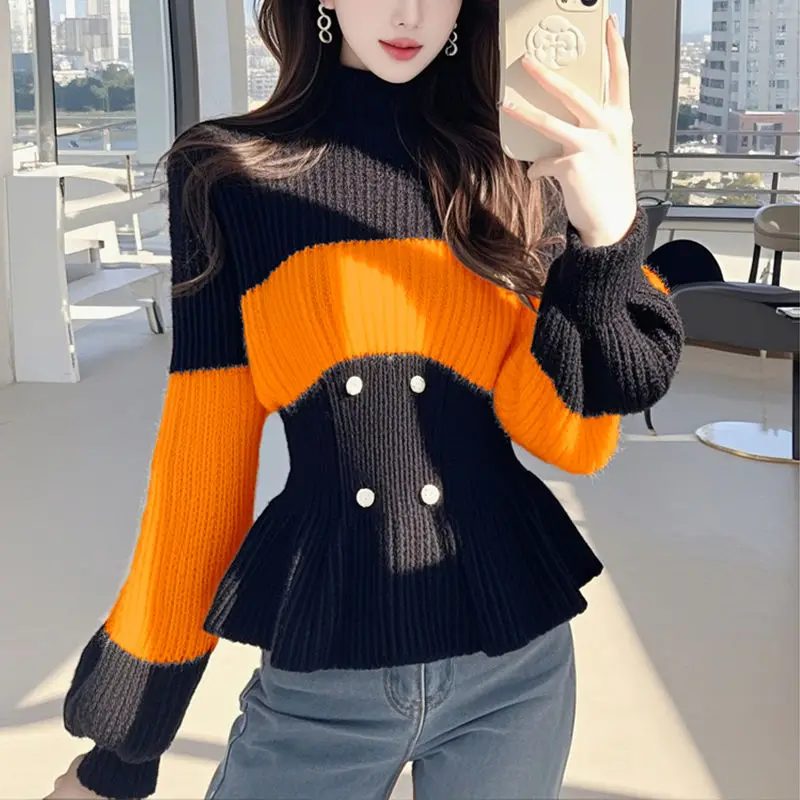

Вязаный свитер с цветными блоками, женский свитер с высоким воротом и длинными рукавами, приталенный крой с пуговицами и оборками, осень-зима, повседневный модный стиль