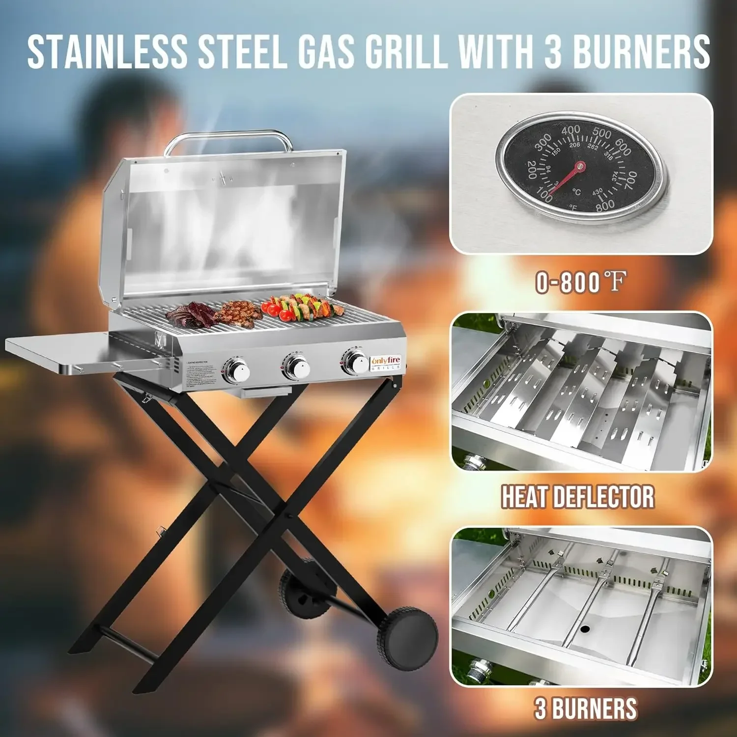 BBQ Gas with 3 Burners and Foldable Cart for Easy Transport,FREE SHIPPING