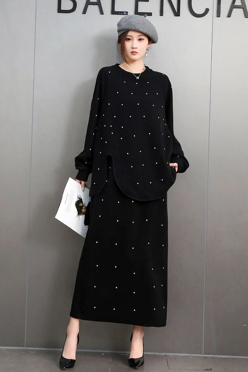 2025 Spring New Fashion Elegant Black Set Women Loose Nail Drill Top+Skirt Two-piece Set J742