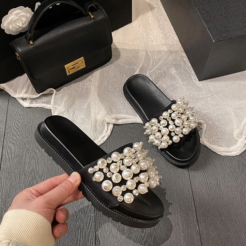 Pearl Rivets Thick Bottom Women Slippers Crystal Beading Flip Flops Lace Band Platform Sandalias Mujer Pearl Slides Big Size 43