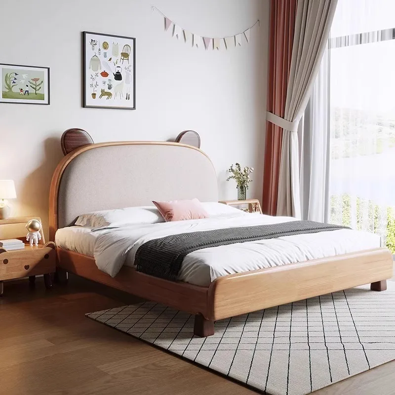 

Solid wood children's bed. M modern simple beech single. M boy girl cartoon bear soft bag bed