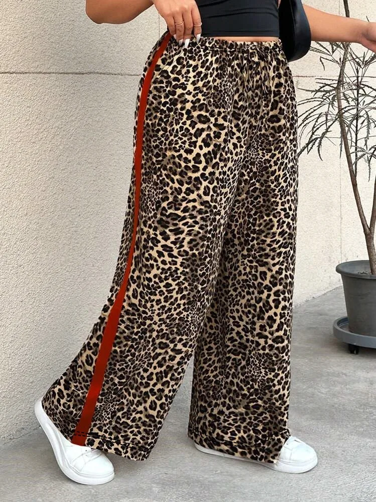2025 Plus Size Women's Leopard Print Red Stripe Contrasting Printed Pants, Casual Pants, Comfortable Travel And Vacation