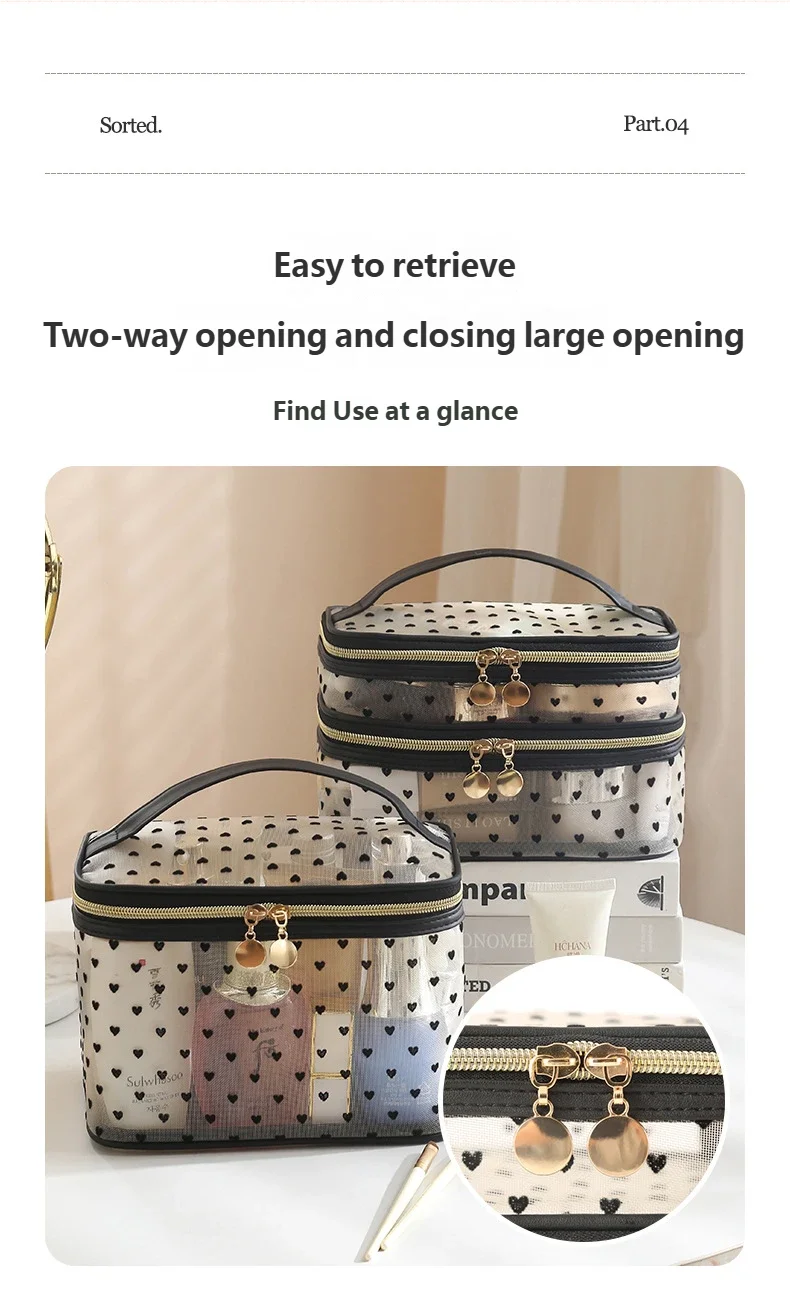 Doppels ch ichten schwarze Mesh Kosmetik tasche Reise tragbare große Kapazität Make-up Fall Organizer Aufbewahrung beutel Reiß verschluss Kultur beutel – Detail 7