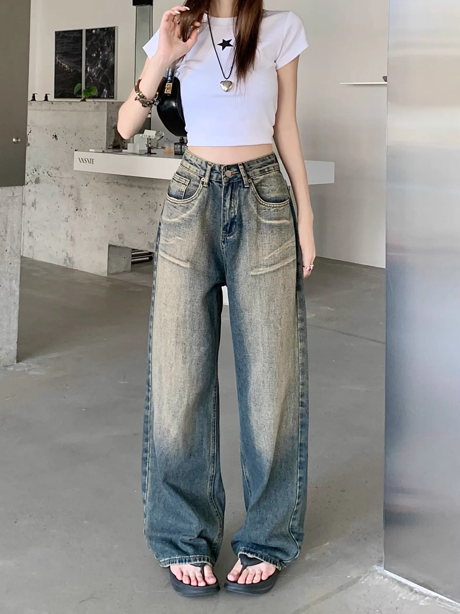 

2023 Autumn Vintage High Waist Harajuku Y2K Loose Jeans Hollow Out Pants Women's Wide Leg Baggy Wash Denim Trouser