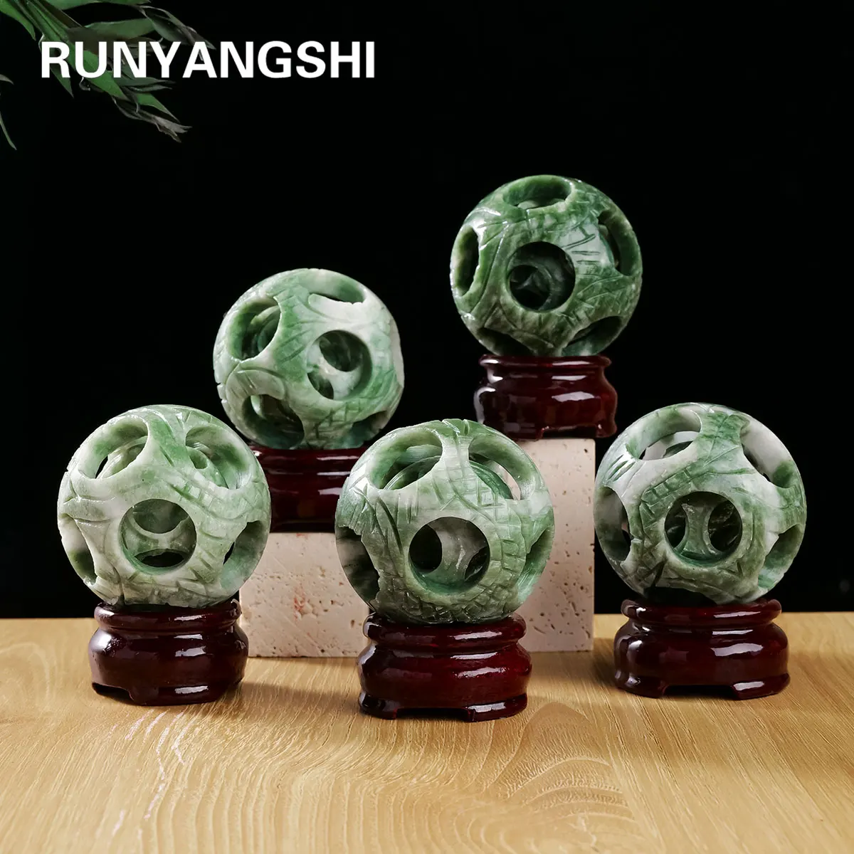 1pc Hand-Carved Lushan Jade Hollow Ball Reiki Energy Crystal Figurine St. Patrick's Theme for Home Decor Healing