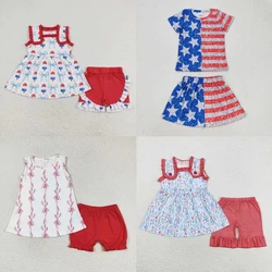 Wholesale Toddler July 4th Kids Summer Sets Stars Stripes Flower Popsicles Tunic Children Ruffle Shorts Skirt Baby Girls Outfit