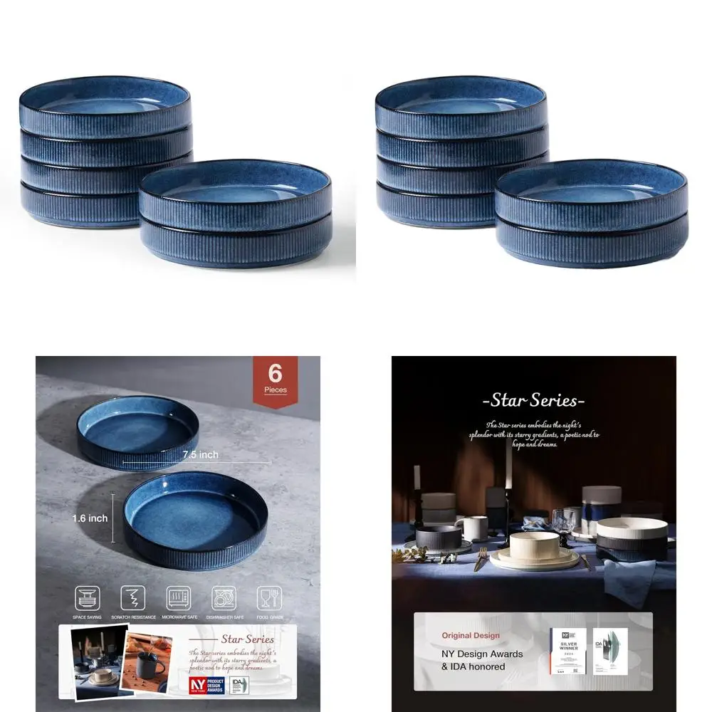 

Набор из 6 мисок для пасты и салатов, 7,5 дюймов, с двойной реактивной глазурью, штабелируемые, идеально подходят для подарков или торжеств, цвет Nebulas Blue