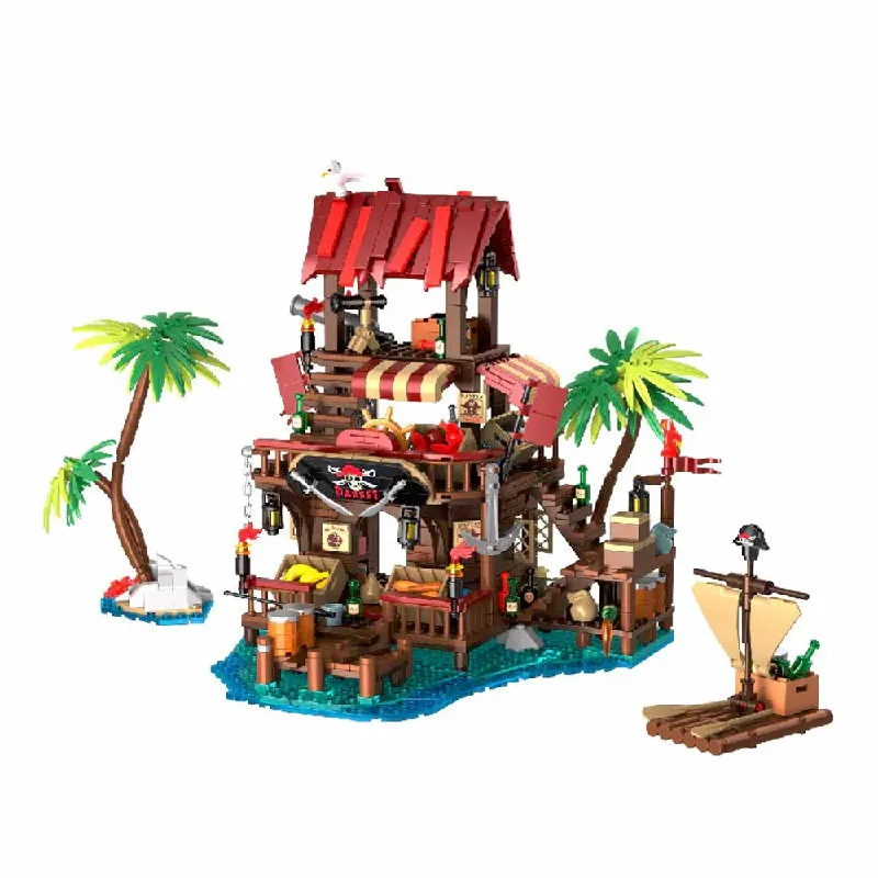 Pirateninsel Festung Modulare Gebäude Klemmbausteine Set Karibische Piraten Szene Bausteine Modellbausatz DIY Montage Spielzeug für Erwachsene Ideales Geburtstags Feiertags Geschenk Heimdekoration