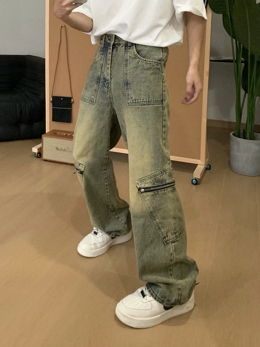 REDDACHIC Zipper Pockets Men's Cargo Pants Vintage Wash Green Low Waist Trousers Wide Leg Baggy Jeans Y2k Hip-hop Streerwear