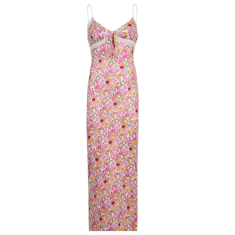 Y2K Floral Print Lace Trim Spaghetti Strap Long Dress Elegant Bodycon Tank Dress Sleeveless Maxi