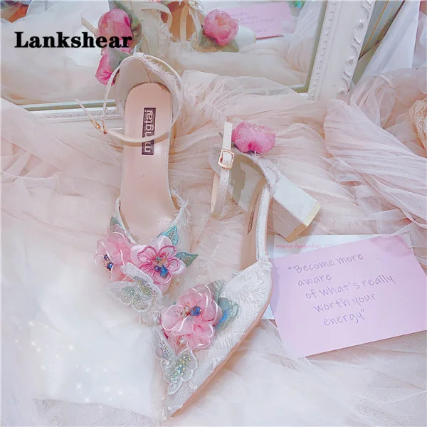 Pink Three-Dimensional Flower High Heels Handmade Mid-Heel Pointed Toe Elegant Flower Lolita Women Sandals Pink Single Shoes