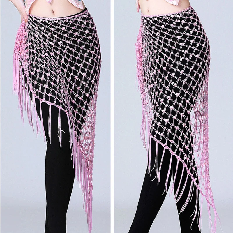 Women Shiny Tassel Korean Belly Dance Hip Scarf Stage Costume Fringe Waist Belt Rave Outfit Wrap Towel Lesson Wear Skirt Clothes