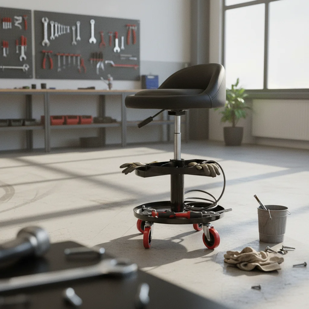 背もたれ付きガレージスツール、工具トレイ付きパッド入りローリングショップスツール、工具トレイ付きクリーパーシート、お手入れ簡単、移動可能