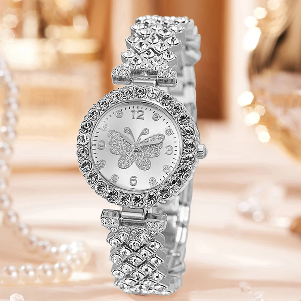 طقم ساعات نسائية فاخرة مكون من 5 قطع، عصري مع عنصر فراشة من حجر الراين، طقم سوار ساعة كوارتز هدية مثالية