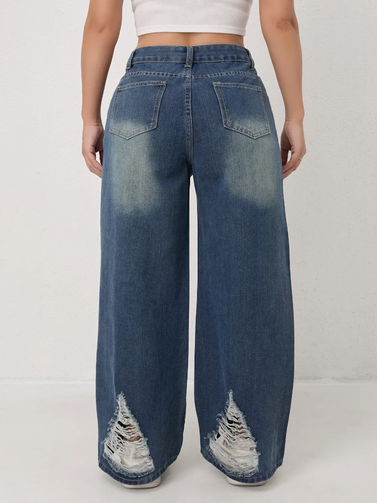 2026年春 レディース ハイウエスト ストレート ルーズパンツ アメリカンレトロ ダメージジーンズ カジュアル ワイドレッグ フルレングスパンツ