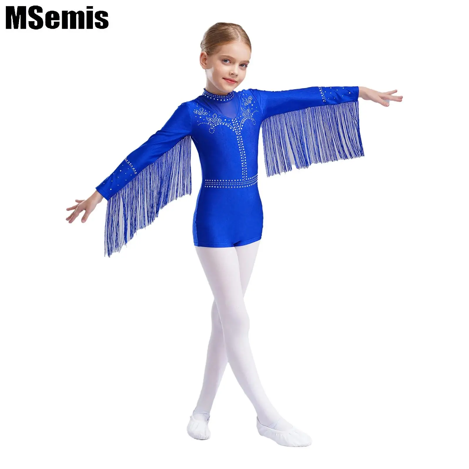 

Kids Girls Tassels Jazz Dance Leotard Sparkly Rhinestones Mock Neck Long Sleeve Fringe Bodysuit for Stage Performance