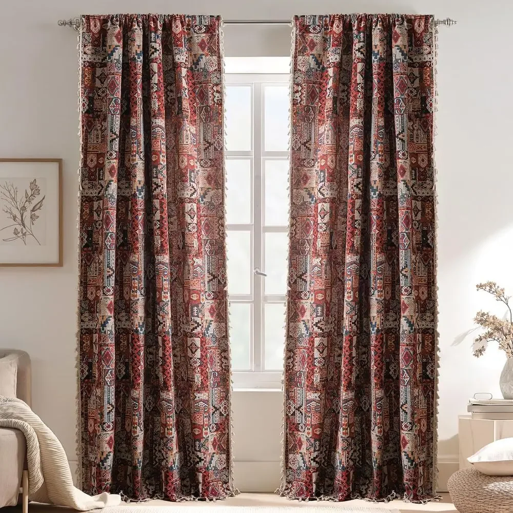 Vintage Geometric Tassel Curtains, Semi-Blackout, 59x102 Inches for Living Room and Bedroom