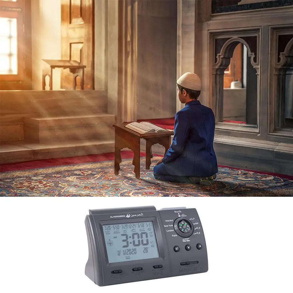 Multi-purpose Muslim Table Clock Easy Setting with Adhan Alarm Tabletop Muslim Clock Hijir Calendar Temp Display Prayer Alarms