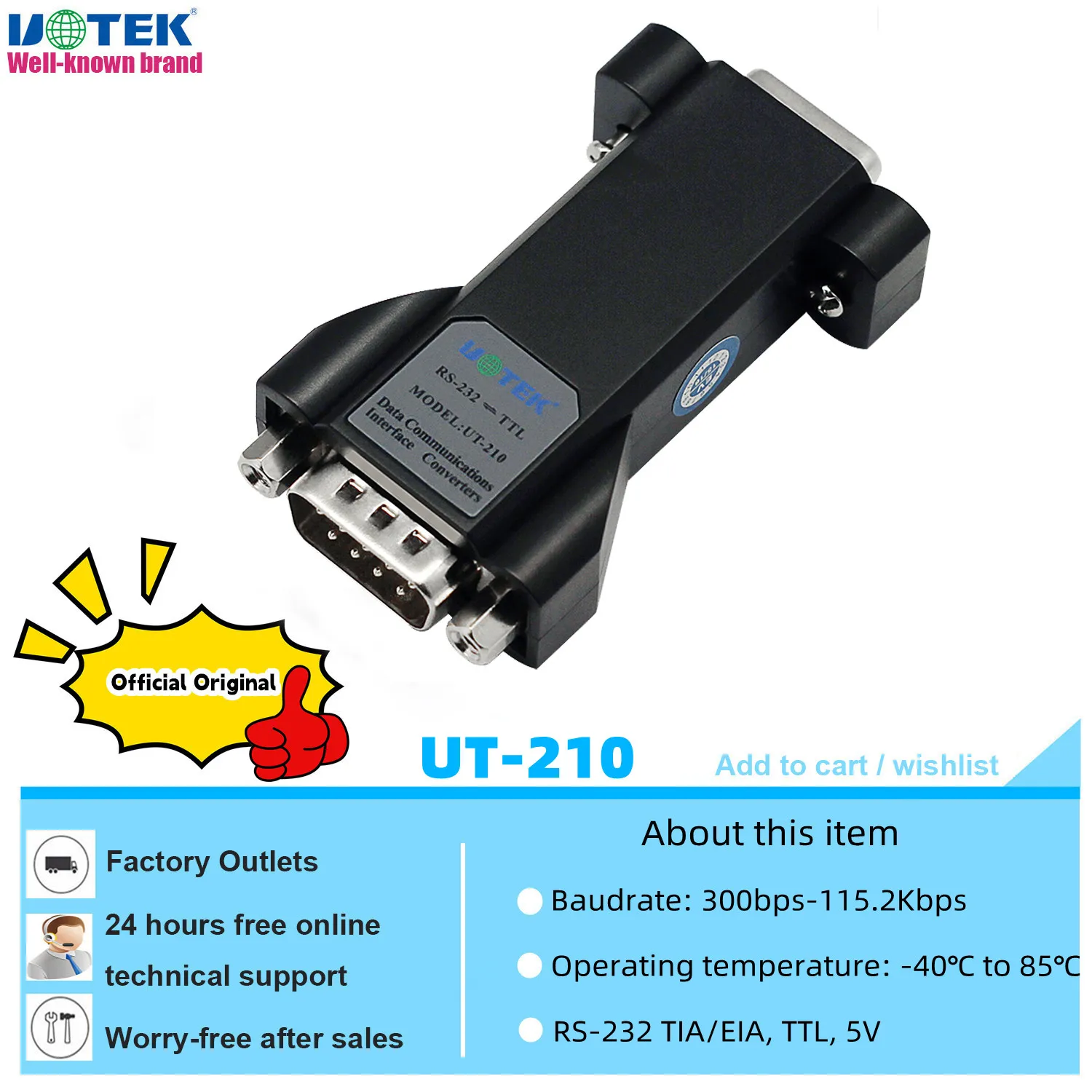 

UOTEK, промышленный класс, Φ RS232 в TTL конвертер, выход 5V COM DB9, адаптер соединителя, поддерживает все операционные системы