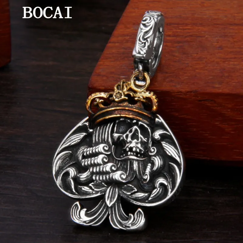 

BOCAI NEW S925 Sterling Silver Vintage Personalized Tang Grass Pattern Skull Spade Pendant Gift for Men and Women Free Shippin