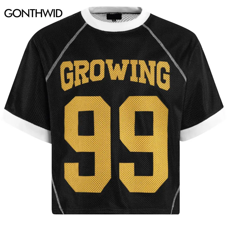 

Vintage Mesh T-Shirt Streetwear Graphic Printed Patchwork Sport Tshirt Hip Hop Harajuku Casual Baggy Breathable Quick Drying Top