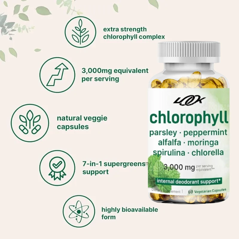 Chlorophyll 3000mg Contains Alfalfa, Moringa, Spirulina, and Chlorella - Internal Deodorizer -60 Capsule