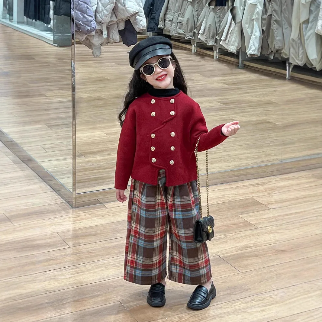 Wide-leg Pants Knitted Coat Grid Colorful Red Festive Children Winter Cotton Fashionable Sweet Cute Comfortable Casual