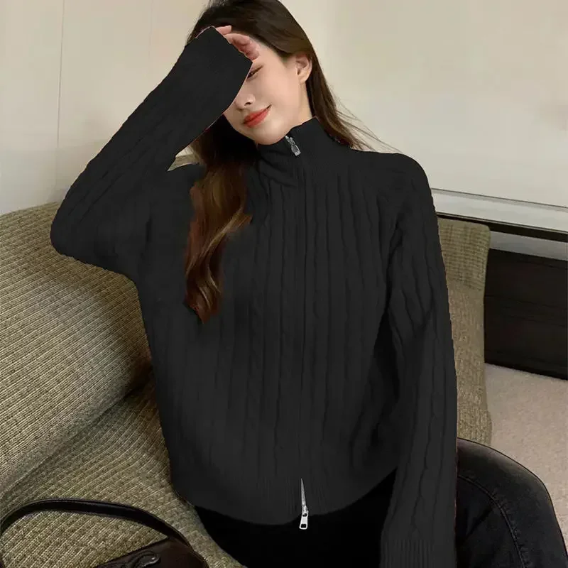Double Zippered High Neck Knitted Cardigan Sweater for Women Autumn and Winter Loose Fitting American Style Inner Jacket Top Ins