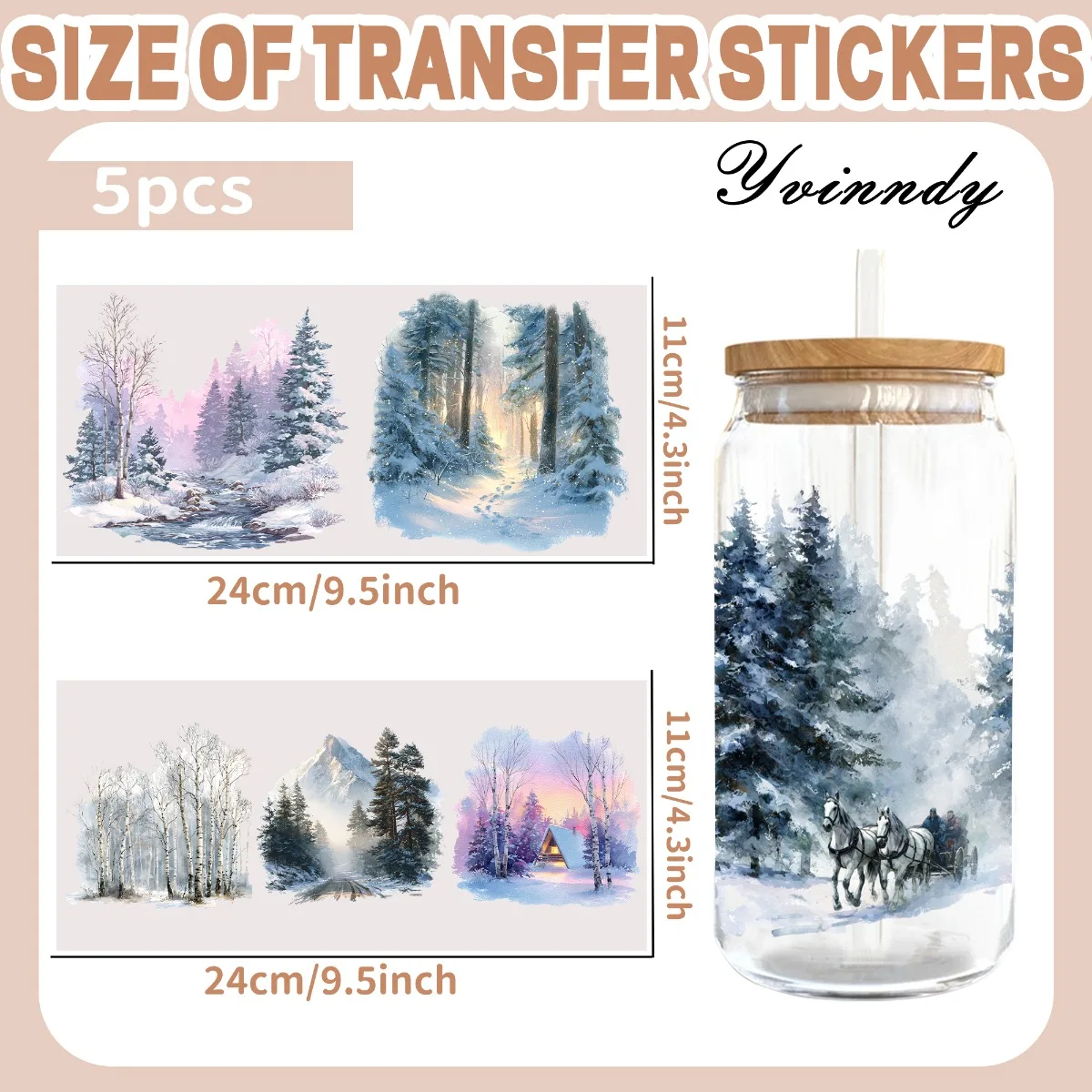 5PCS/Set Of 16OZ UV DTF DIY Transfer Paper - Snow And Ice Forest Scenery UV DTF Waterproof Film (Excluding Water Cup)