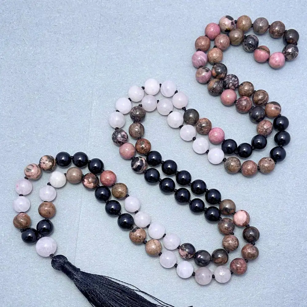 

Natural 7 Chakra Mixed Gemstone 108 Beads Mala Necklace with Black Tassel Spiritual Jewelry