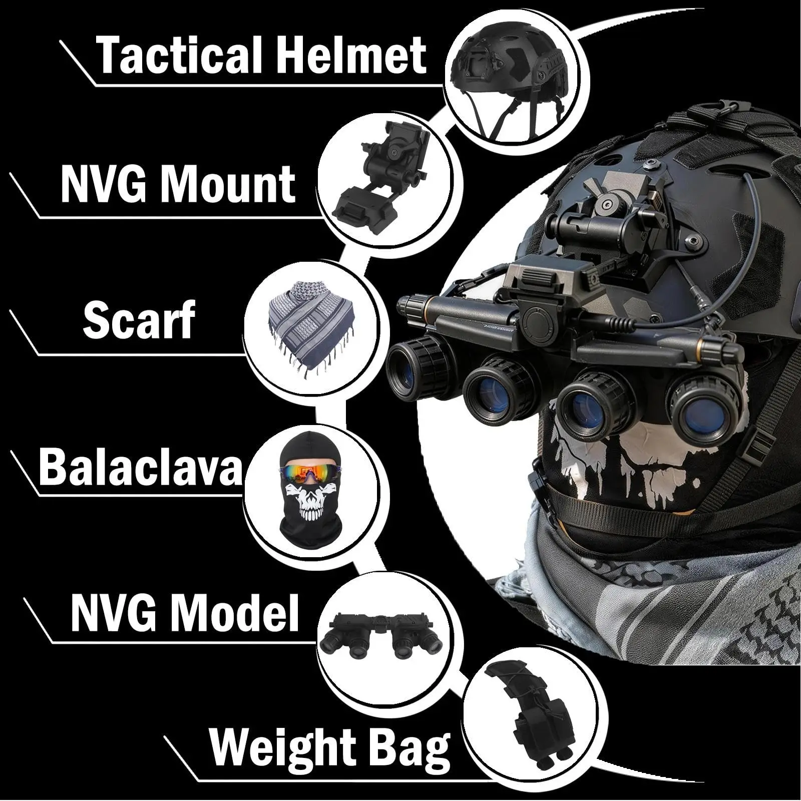 6-in-1 Tactical Helmet Full Kit Counterweight Pouch, Skull Balaclava & Shemagh Scarf for Cosplay, Airsoft, MilSim & Display