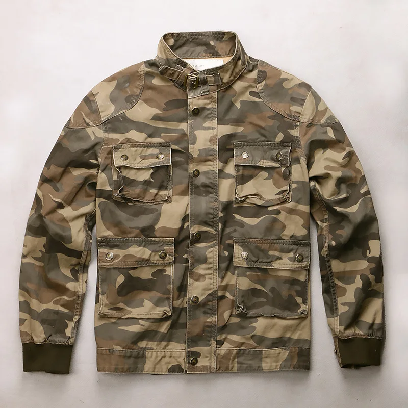 Men's Washed Cotton Camo Jacket Lightweight Military Workwear Outerwear with Zipper Front for Spring Fall