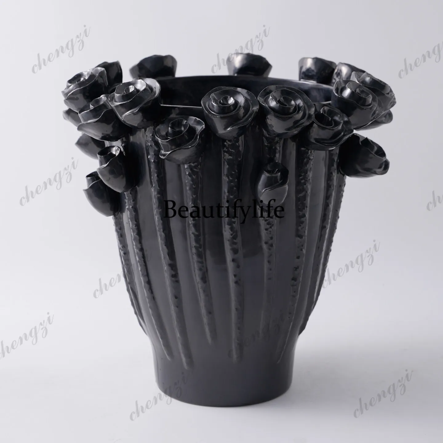 Three-dimensional rose ceramic vase European living room decoration ornament handmade relief art flower ware