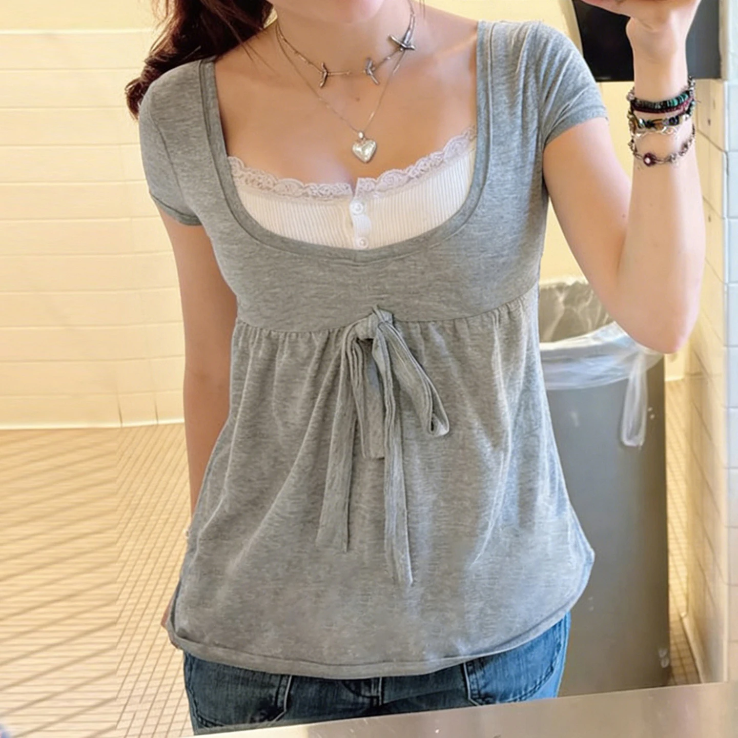 SUCHCUTE Women Fake Two Piece Short Sleeve Top Casual Square Neck Casual Tee Coquette Lace Trim Inner Detail T-Shirt Summer Chic