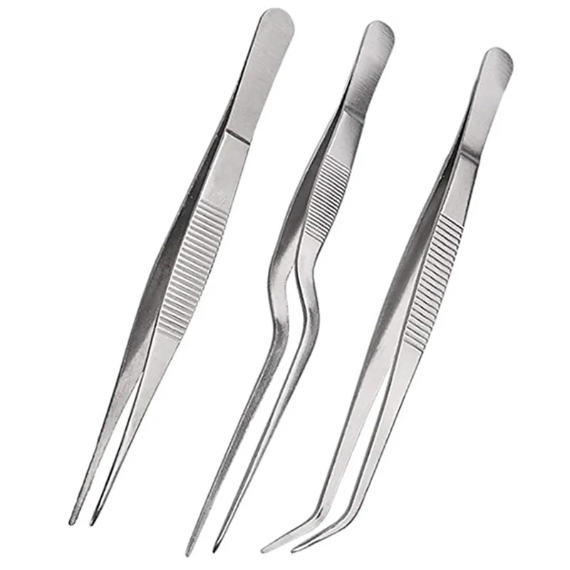 3-Piece Kitchen Cooking Tweezers, Stainless Steel Precision Tongs - 6.3 Inch, Offset Tip for Food Design Styling Decoration