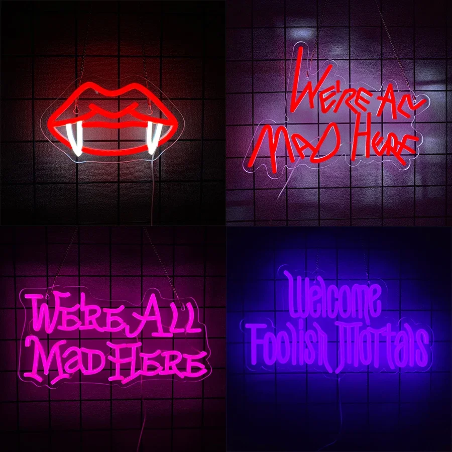 

Декор для вечеринки «Алиса в стране чудес», неоновая вывеска для декора стен, неоновые огни «Мы все безумные здесь» для спальни, бара, декора для вечеринки на Хэллоуин