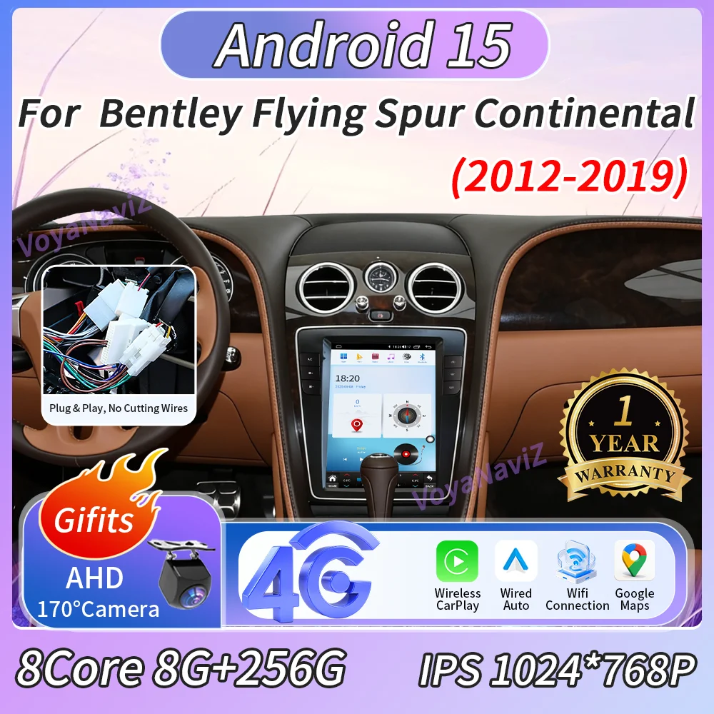 

10.4-дюймовое автомобильное радио Android 15 с Carplay для Bentley Flying Spur Continental 2012-2019, процессор 7862S, экран 1024*768, GPS, DSP, видеоплеер
