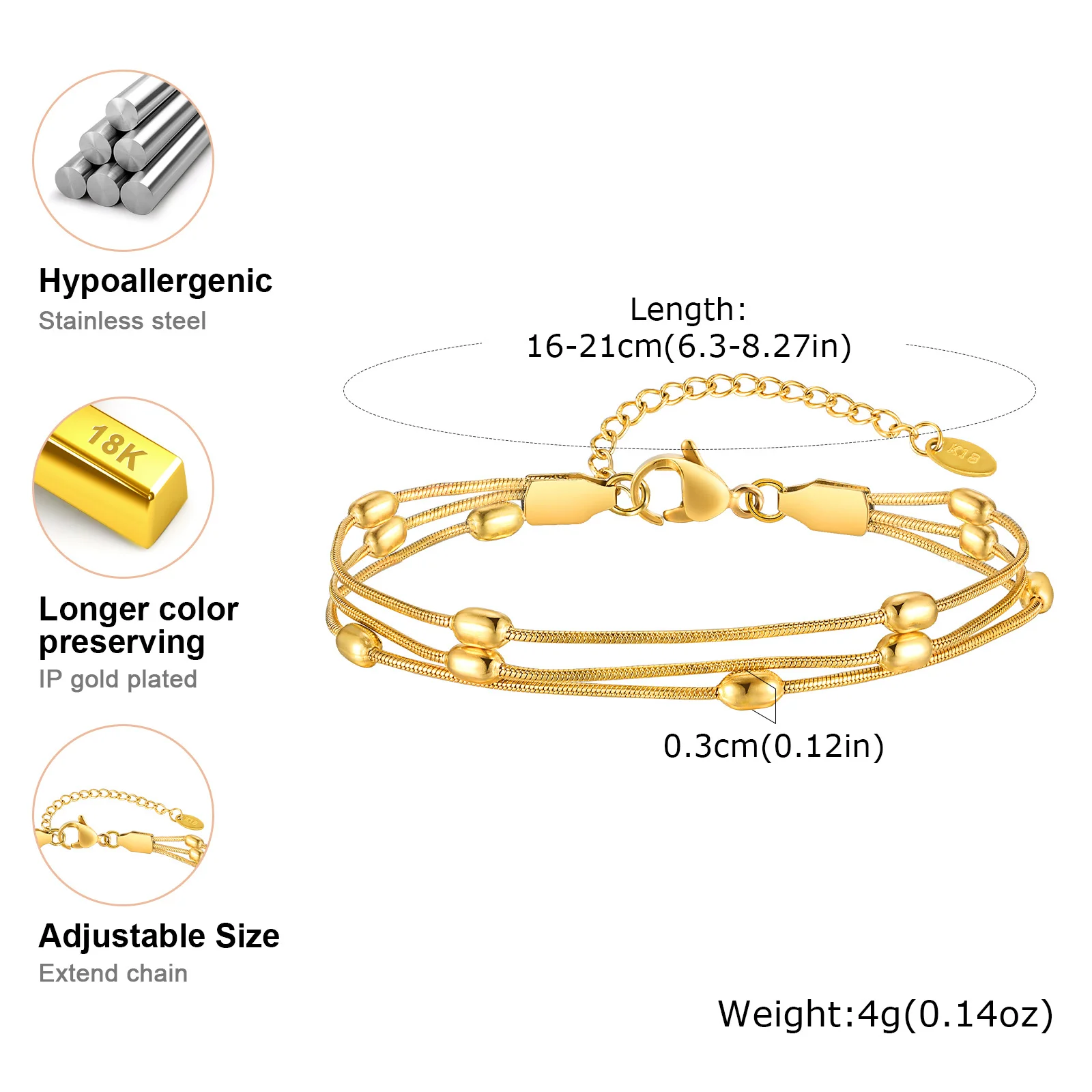 Multilayer Round Beaded Snake Chain Bracelets, Gold Plated Waterproof Adjustable Stainless Steel Link Women Jewelry