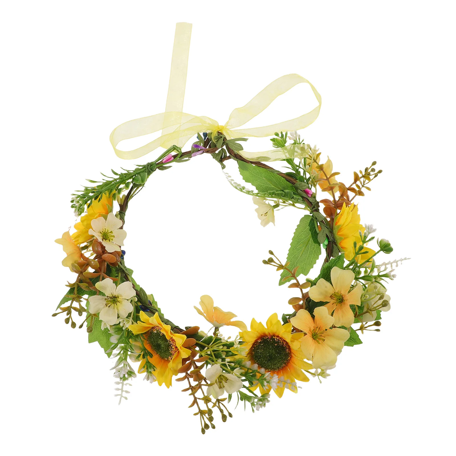 زهرة عباد الشمس تاج الورقة الخضراء خوذة للنساء مهرجان الزفاف صور الدعامة رباط شعر الزهور