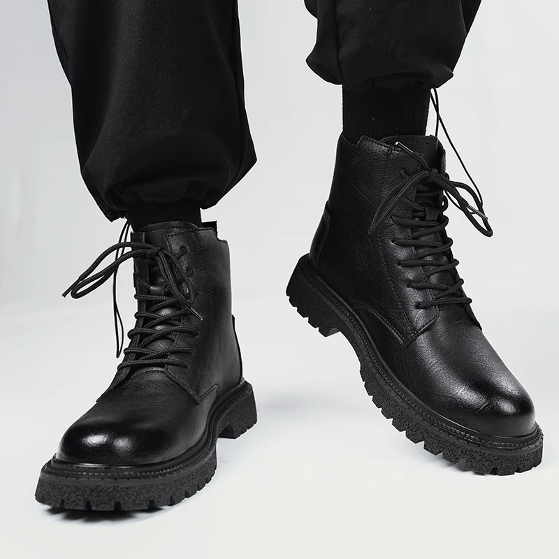 Mode lederen vrijetijdsschoenen antislip vrijetijdswandeling enkellaarsjes voor heren veterschoenen outdoor basislaarzen warme pluche bontschoenen