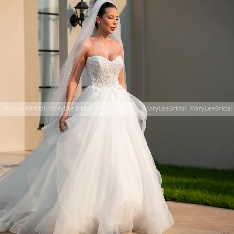 Suknia ślubna bez ramiączek, balowa, z warstwową tiulową spódnicą, szyta na miarę, z koronkowymi aplikacjami księżniczki, suknia ślubna vestidos de novia 2026