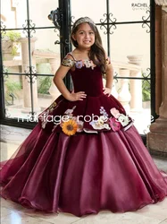 Burgundy Velvet Organza Mini Quinceanera Dresses 2025 Off Shoulder Floral Applique Charro Birthday Princesss Flower Girl Dress