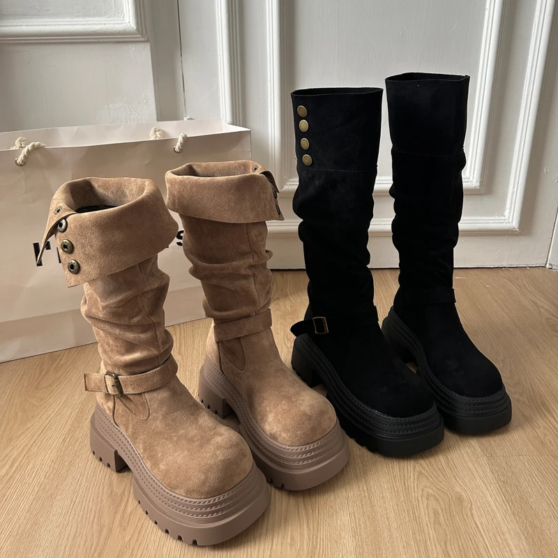 Retro Ruched Leather Long Boots for 2026 Winter, Fashionable and Versatile Style Round Head Platform Thick-soled Women's Boots