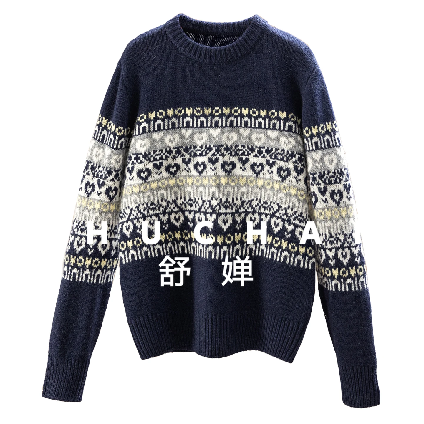 

Literary and Retro, French Age-reducing Love Jacquard 100 Wool Crew Neck Long-sleeved Sweater Women 31I7