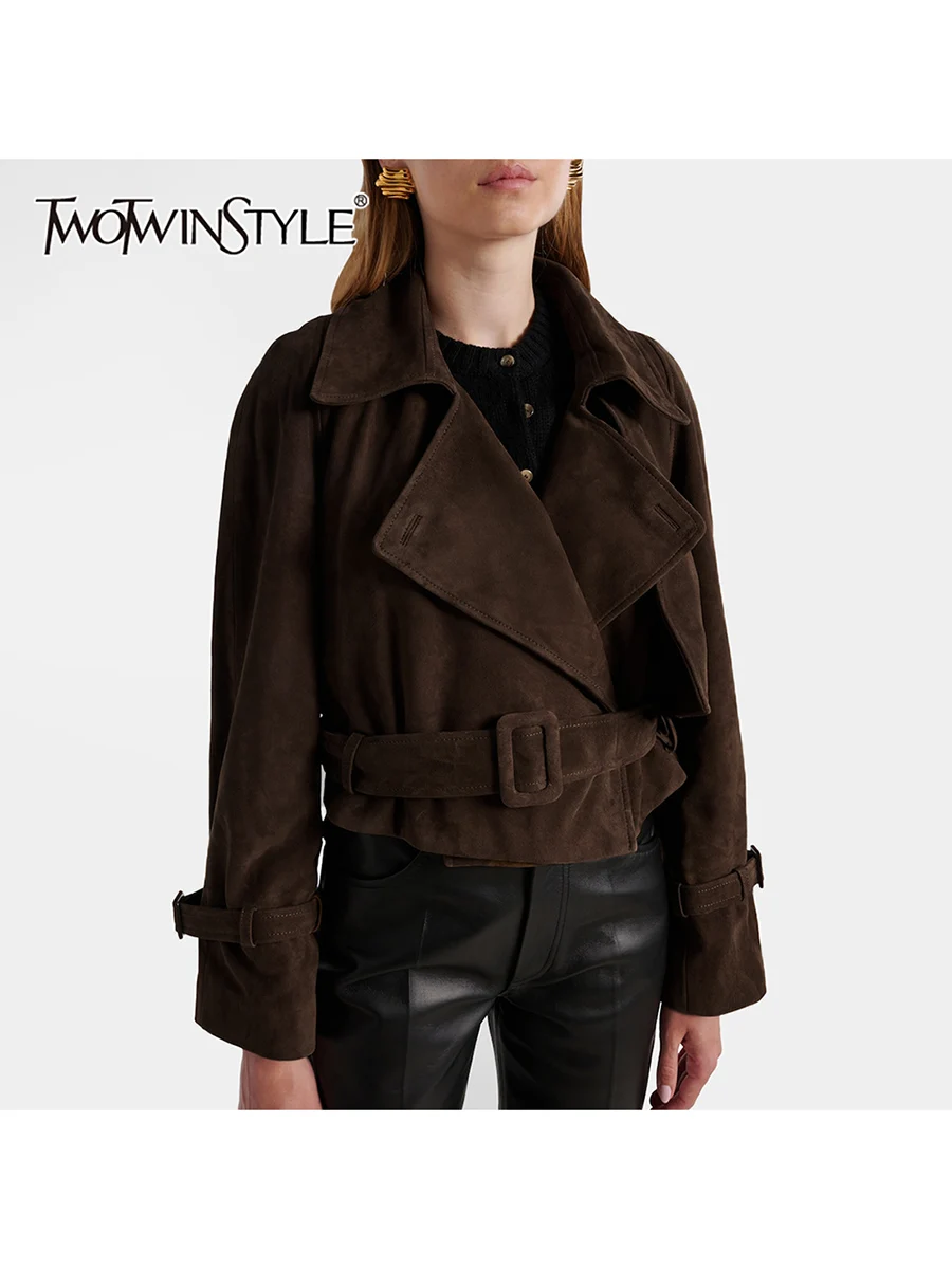 

TWOTWINSTYLE, однотонный пояс, модные короткие куртки для женщин, винтажная куртка с лацканами и длинными рукавами, лоскутная пуговицами, женская новинка